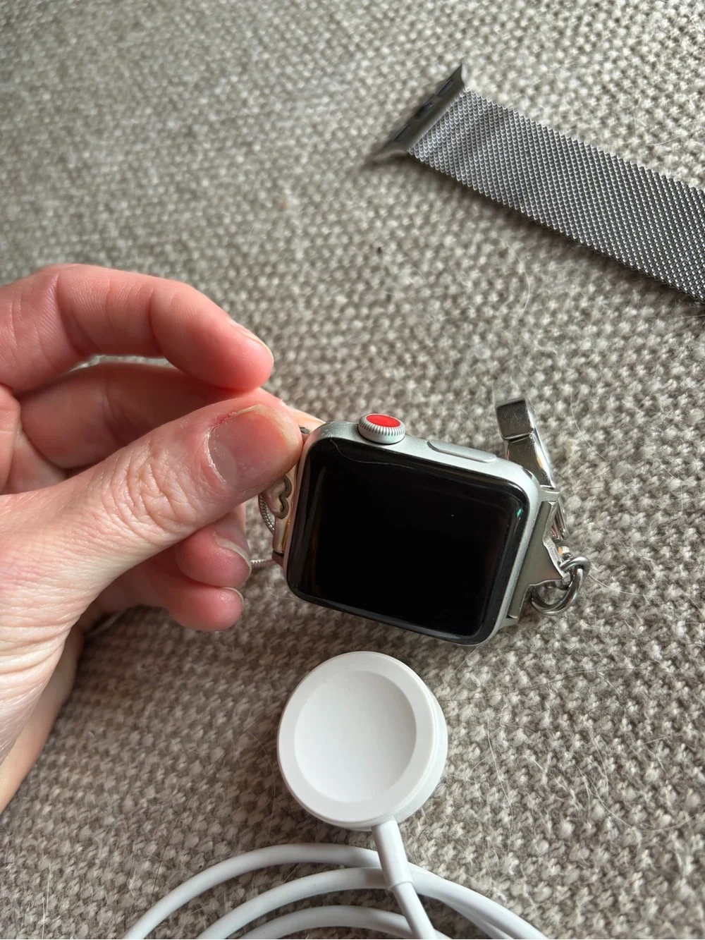 Apple Silver Smartwatch Pendant with Silver Milanese Strap & White Charger